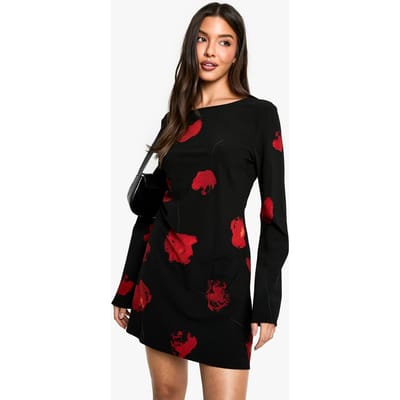 boohoo Dames Donkere Bloemrijke Jurk met Lage Rug en Flare Mouwen | Zwart | Maat: 36