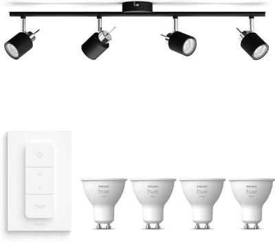 Philips Hue Meranti Opbouwspot (Zwart) - Warmwit Licht - Incl. Hue Dimmer Switch - Plafondspot met 4 Lichtpunten - GU10 - Hue White