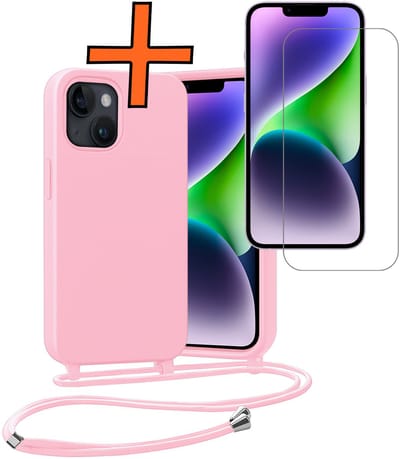 Hoesje Geschikt voor iPhone 13 Mini Hoes Met Telefoonketting Met Screenprotector - Backcover Geschikt voor iPhone 13 Mini Case Met Koord - Lichtroze