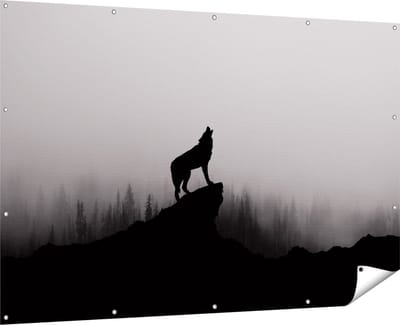 Gards Tuinposter Silhouet van een Huilende Wolf - Abstract - 180x120 cm - Tuindoek - Tuindecoratie - Wanddecoratie buiten - Tuinschilderij