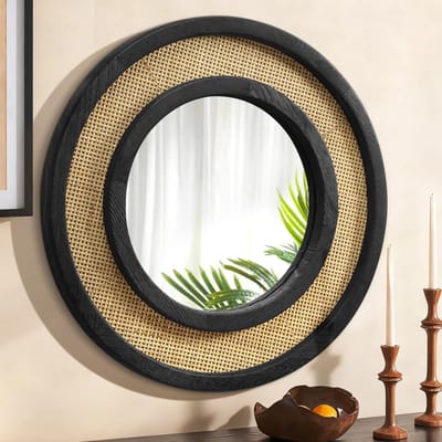 Ronde Zwarte Wandspiegel van 50 cm met Houten Frame voor Woonkamer, Badkamer en Slaapkamer Decoratie
