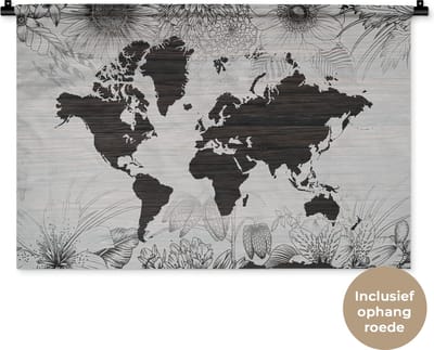 Wandkleed WereldkaartenKerst illustraties - Wereldkaart met donker houtpatroon versierd met illustraties van bloemen Wandkleed katoen 90x60 cm - Wandtapijt met foto