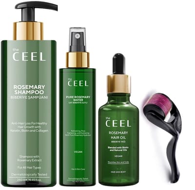The Ceel Super haarverzorgingsset - Rozemarijn haarolie - Rozemarijn haarwater - Rozemarijnshampoo - Dermaroller - Voordeelset met 4 producten - Maximaal effect tegen haaruitval, dunner wordend haar en voor sterkere haargroei