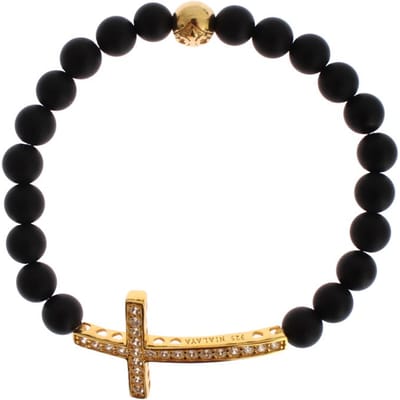 Nialaya Matte Onyx Steen Gouden CZ Kruis 925 Zilveren Armband