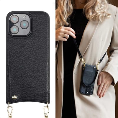 Selencia Hoesje - Geschikt voor Apple iPhone 16 Pro Max - Backcover met koord en pashouder - Zwart