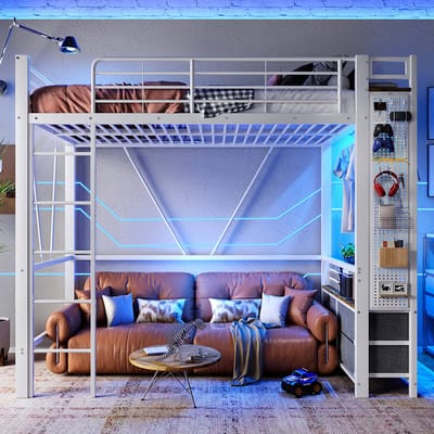 Komhtom Hoogslaper, 90 x 200 cm, ijzeren frame, met droogrek, met planken, 4 lades, met USB+TYPE-C-aansluiting, ledstrip, veiligheidshek, ladder, met plank met gaten, zonder matras, wit