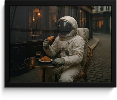 Poster in lijst - Fotolijst 40x30 cm - Posters - Café - Croissant - Koffie - Astronaut - Posterlijst zwart - Decoratie - Wanddecoratie woonkamer - Muurdecoratie slaapkamer