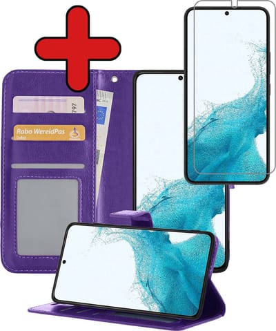 Hoesje - Met Screenprotector - Geschikt voor Samsung Galaxy S22 - Luxe Pasjeshouder - Flipcase - Bookcase Portemonee - Flip Case - Kunstleer Book Case - Book Cover - Walletcase - Portemonneehoes - Telefoonhoes - Paars