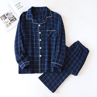 Nieuw Heren Ruit Huispak 100% Katoen Crêpe Stof Pyjama Lange Mouwen Broek Eenvoudig Tweekleurig Plus Size Huispak L black