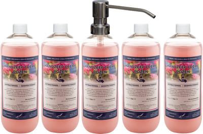 Handzeep Crème Rozen 1 liter - set van 5 stuks - met gratis RVS zilverkleurige pomp - Voordeelverpakking