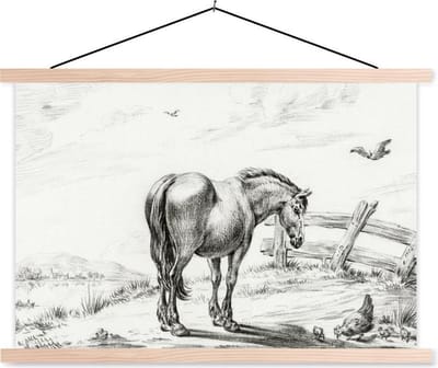 Posterhanger incl. Poster 90x60 cm - Schoolplaat - Staand paard bij kip met kuikens - schilderij van Jean Bernard - Textielposter - Blanke latten