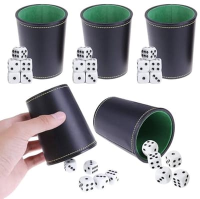 SolidKeus - Set van 5 Lederen Dobbelbekers met 25 Dobbelstenen