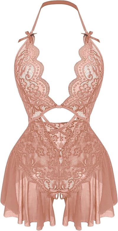 Lace Babydoll Mesh Diepe V-hals Ondergoed voor Vrouwen - Elegante Lingerie met Bloemenprint en Opengewerkt Design