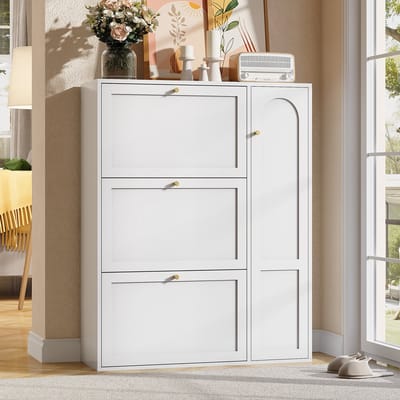 MODENUIT Schoenenkast - 3 Kleppen En 1 Deur Voor Hal, Gang En Woonkamer - MDF En Spaanplaat - 90x25x114 Cm - Wit