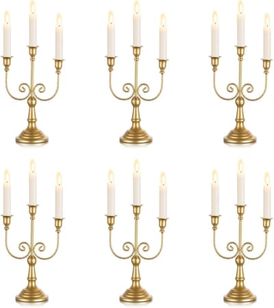 Thuys – Set Van 6 Gouden Kaarsenhouders – Met 3 Armen – 29.5 Cm Hoge Klassieke Kaarsenstandaarden