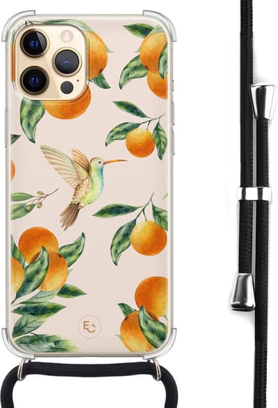 Hoesje met koord geschikt voor iPhone 12 Pro Max - Tropical fruit - Inclusief zwart koord - Crossbody beschermhoes - Transparant, Oranje - ELLECHIQ