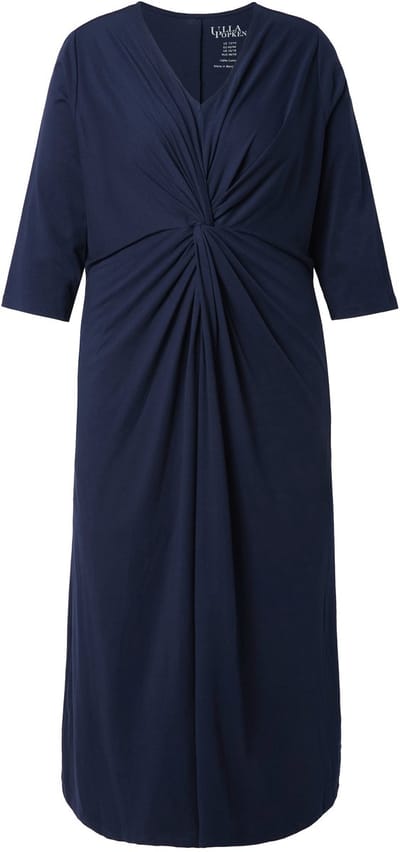 Ulla Popken - Dames - Maxi-jurk gedrapeerd A-lijn V-hals 3/4-mouwen - Marine - Maat 62+