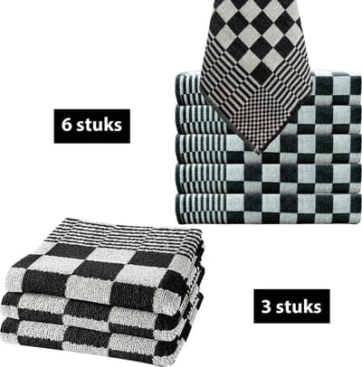 Homéé® Keukendoeken 9-delige sets zwart/wit - 6 x theedoeken 65x65cm + 3 x keukenhanddoeken 50x50cm