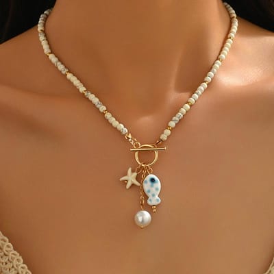 Collier pendentif poisson en céramique colorée Bohème pour femmes Collier fait main avec perles étoile de mer Bijoux de vacances d'été brown