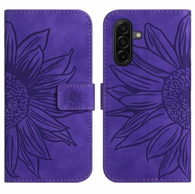 Hoes - Etui - Tas voor Samsung Galaxy A37 - A36 - A56 Met Schouder - Draagkoord - Paars - Zonnebloem Reliëf