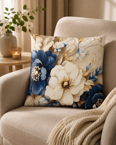 Blue Blossom Collection kussenhoes - bloemen - blauw - crème - 45x45 cm