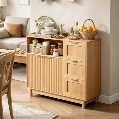 FloraGrace Keukenkast - Sideboard Met Open Vak, 3 Laden En 2 Deuren - Voor Keuken, Woonkamer En Hal - Houtlook - 90x35x80 Cm