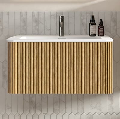 HAUSS SPOLE Badkamermeubel - Wandhangende Wastafel Met Onderkast En Lade - Voor Badkamer En Gästetoilet - Eikenkleur - 81x46,5x37 Cm