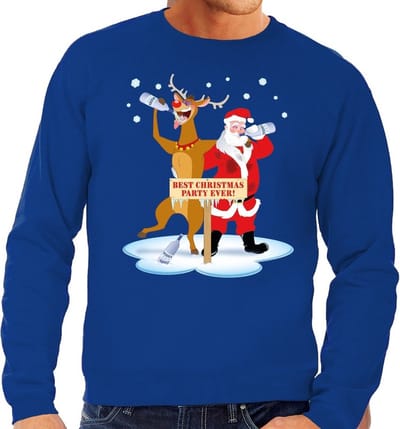Bellatio Decorations Foute kersttrui - sweater - dronken kerstman - en rendier Rudolf - na kerstborrel - blauw - voor heren - Kersttruien S