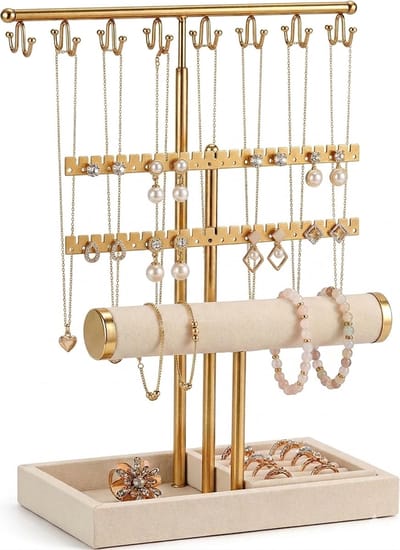 Dailygoods- Sieradenstandaard 4-laags - Afneembare T-bar - Sieradenhouder voor Armbanden/Kettingen/Horloges/Ringen - Luxe Beige Fluweel - Verfijnde Organizer