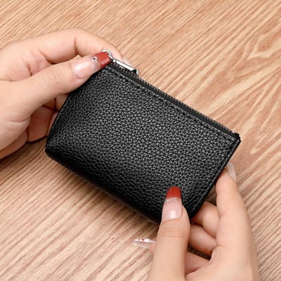 Mini Sac à Monnaie en Cuir Souple Sac à Cartes Portefeuille Fin Court en Cuir Sac à Pièces à Fermeture Éclair Sac à Clés Portefeuille noir