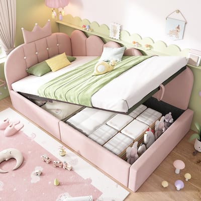 Sweiko Kinderbed - 90 x 190 cm - Opbergruimte - Velvet - Kroonvorm - Roze