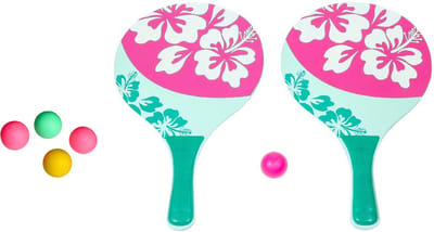 Summertime strand Beachball set - hout - roze - strand sport speelset - met 5x balletjes - speelgoed