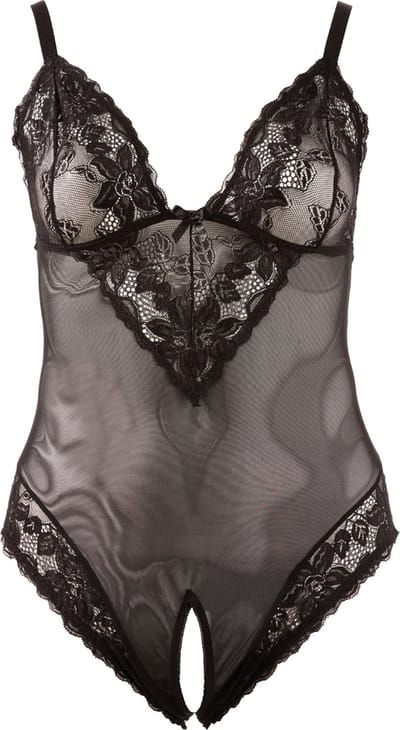 Cottelli Plus Size – Sexy Body met Open Kruis en Kanten Motieven Langs Randen voor Speciale Dates – Maat XL – Zwart
