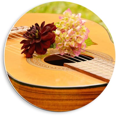 KuijsFotoprint - Schilderij - Gitaar In Grasveld Met Bloemen - Groen, Bruin, Geel, Roze En Rood - 40 X 40 Cm