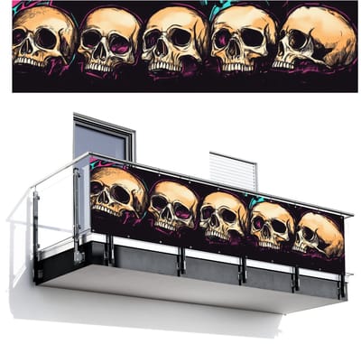 Balkonscherm 300x80 cm - Balkonposter Schedels - Graffiti - Neon - Balkon scherm decoratie - Balkonschermen - Balkondoek zonnescherm