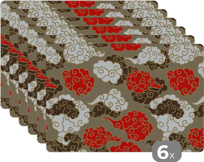 Placemat - Placemats kunststof - Wolken - Azië - Patroon - Japan - 45x30 cm - 6 stuks - Hittebestendig - Anti-Slip - Onderlegger - Afneembaar