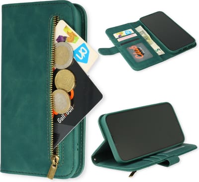 Casemania Hoesje Geschikt voor Apple iPhone 14 - Emerald Green - Luxe Kunstlederen Portemonnee Book Case met Rits