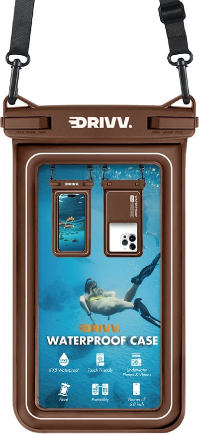 Drivv. Luxe Waterdicht Telefoonhoesje – Drijvend - Dubbele Klipsluiting - Telefoons tot 6.8 inch – Onderwater Hoesje Telefoon - Bruin