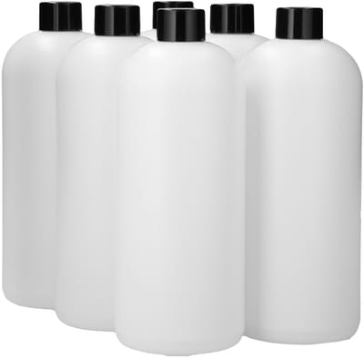 6 x 1000 ml ronde fles HDPE wit + Schroefdop zwart - BPA Vrij - Niet Breekbaar - Plastic Flesjes Navulbaar - Met Dop - Lege Flessen - 6 stuks.