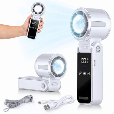 VHV - Handventilator - Mini ventilator - Draagbare ventilator - Met koelplaat - Oplaadbaar - LED display - Krachtig - Voor op reis en vakantie - 17 cm - Sneeuwbergwit