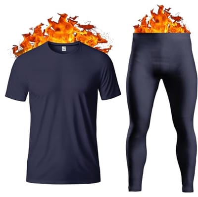 Thermisch Ondergoed voor Heren - Korte Mouwen T-Shirt, Lange Onderbroek en Vest - Ultrar zacht en Warm - Maten S-XXL - Marineblauw