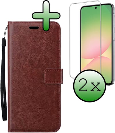 Hoesje Met 2x Screenprotector - Geschikt voor Samsung Galaxy A56 - Luxe Pasjeshouder - Bookcase Portemonee - Flip Case - Kunstleer Book Case - Flipcase Hoes - Book Cover - Walletcase - Portemonneehoes - Bruin