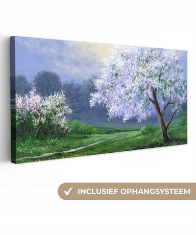 Canvas - Canvas doek - Bloesemboom - Water - Olieverf - Canvas natuur - 40x20 cm - Schilderijen op canvas - Muurdecoratie
