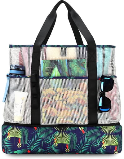 Unyqoos® Ruime Opvouwbare Strandtas met Mesh Vakken en Waterdichte Koeltas voor Dames en Reizen