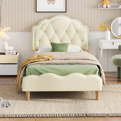 Gestoffeerd Bed 90x200 cm met LED – Eenpersoonsbed voor Kinderen – Beige – Golvend Hoofdbord – LED Lichtstrip – PU Bekleding – Inclusief Lattenbodem