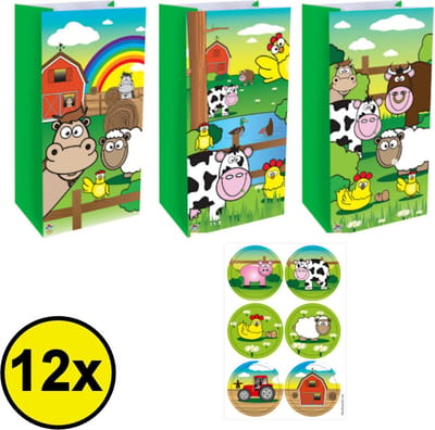 12 STUKS Traktatie Uitdeel papieren zakjes - Inclusief Stickers - BOERDERIJ DIEREN - Farm - Tasjes - Traktatiezakjes voor uitdeelcadeautjes - Kinderfeestje - 13x8x25 Cm