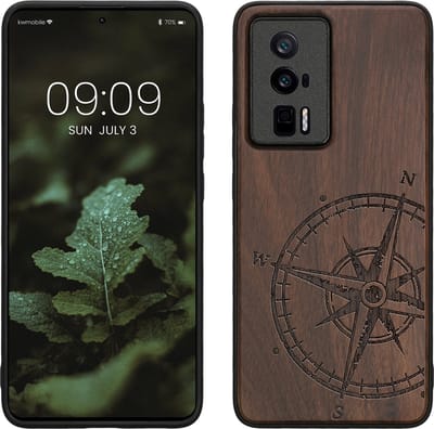 kwmobile telefoonhoesje geschikt voorXiaomi Poco F5 Pro 5G - Hoesje met bumper - hout - In donkerbruin Vintage Kompas design