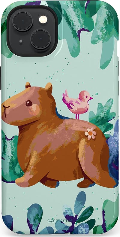 Casetastic Hoesje Geschikt voor Apple iPhone 15 Plus Magsafe - Stijlvolle Beschermende Duo-layer Case - Capibara Vogeltjes Vriend