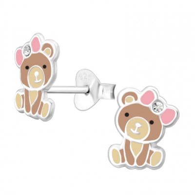 WeLoveSilver - kinderoorbellen - zilveren beertjes - roze strik