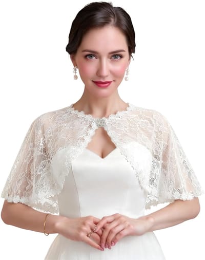 Dailygoods- Bolero met franjes - Elegante Kanten Sjaal - Bruidsmeisje - Witte Cape - Verstelbare Bloemenknoopsluiting - 33 cm lengte